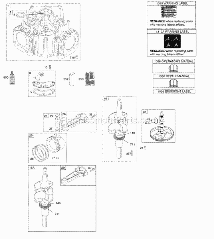 Camshaft Crankshaft Cylinder Pistons Rings Connecting Rod Diagram and Parts List for 406777-0027-B1  Briggs and Stratton Engine